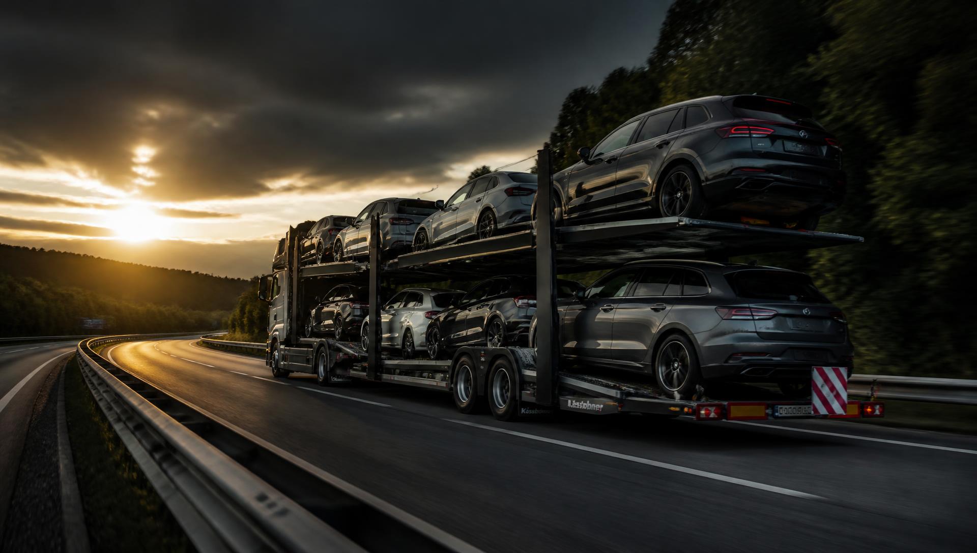 Camión portavehículos abierto transportando varios coches por una autopista europea